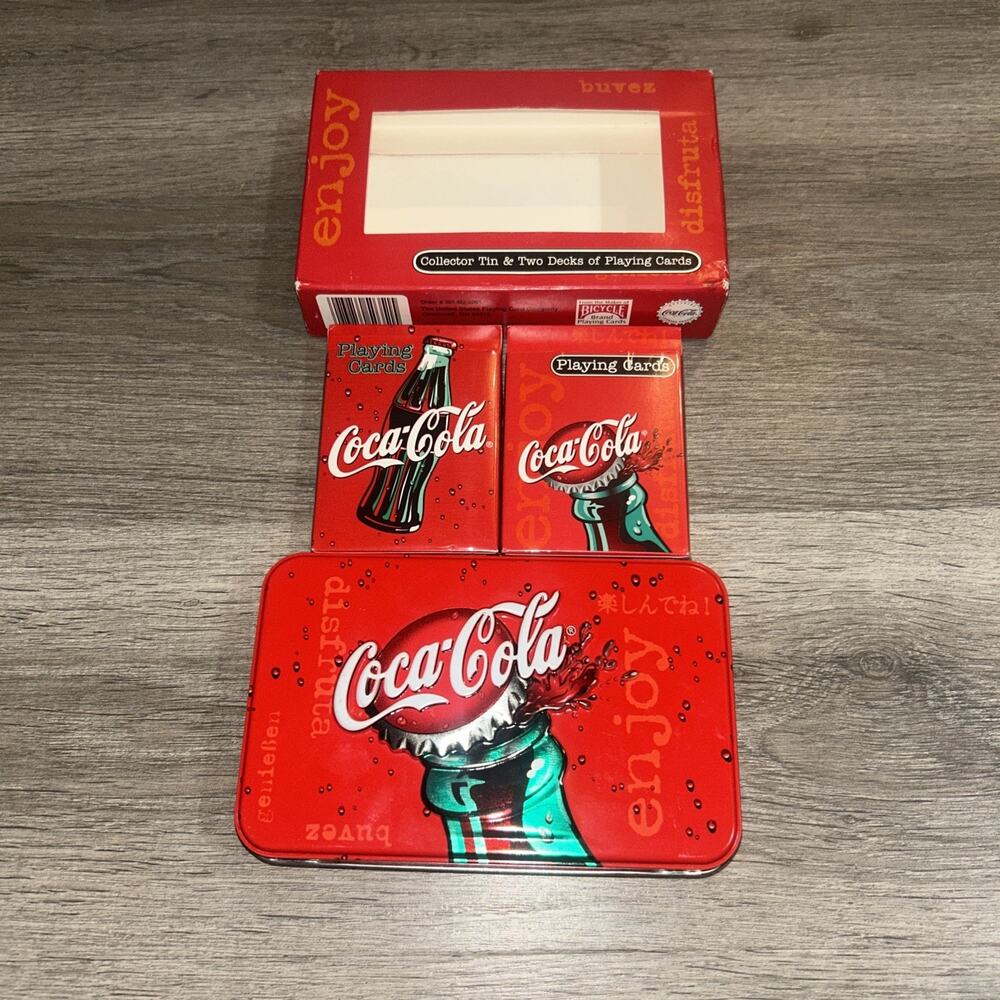 Coca Cola Playing Cards Collector Tin 2 Decks Bicycle Vtg Coke